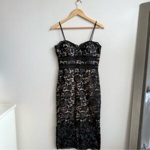 Xscape Black Floral Lace Midi Dress Cocktail Party Mesh Sheath Vampy Size 6